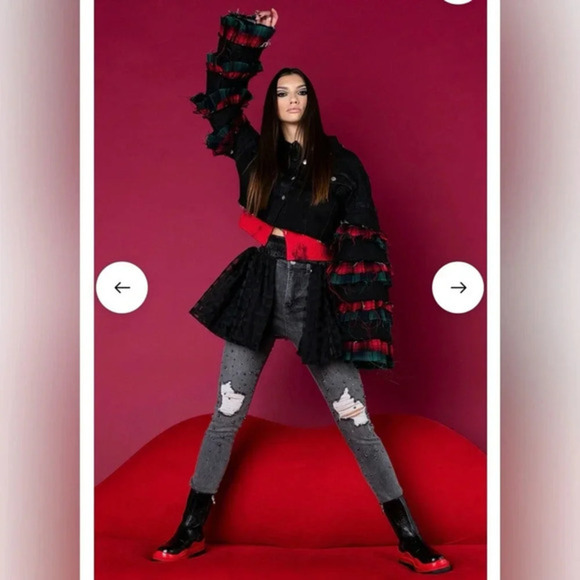 🖤❤️ AKIRA FLOGGY‎ MOLLY PLAID EXTRAVAGANT DENIM JACKET SIZE SMALL - Picture 3 of 16